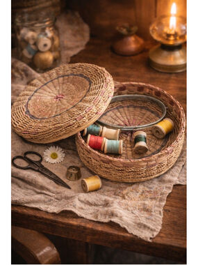Vintage Woven Sewing Basket w/ Lid Coiled Fiber Thread Spools Cottagecore Decor